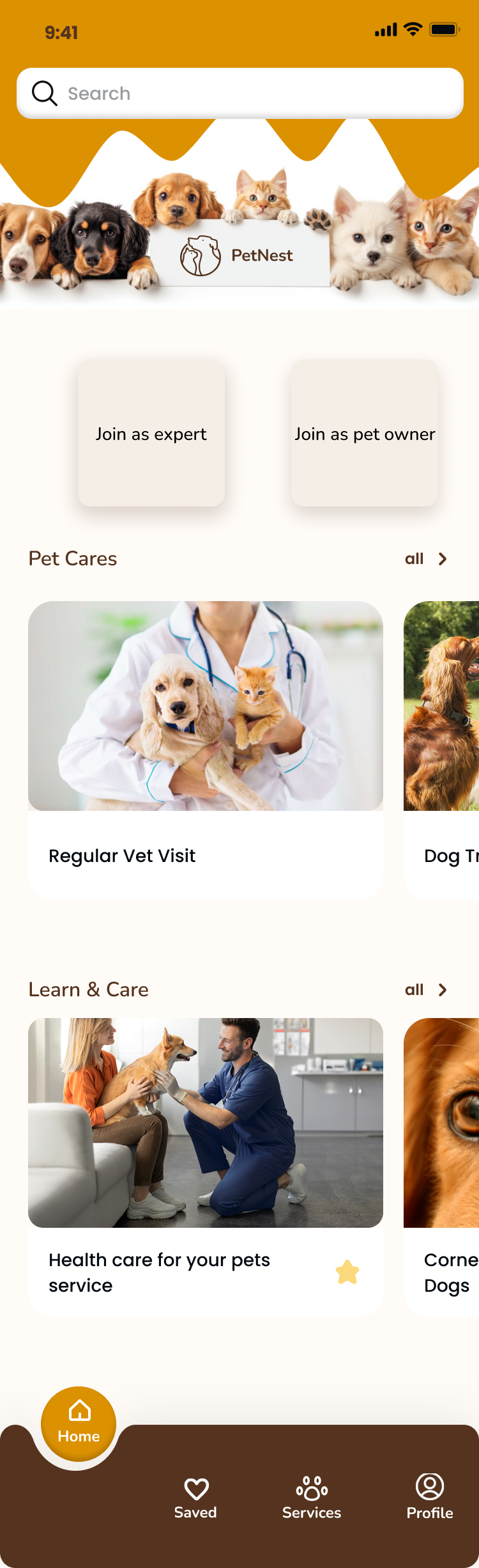 PetNest app homepage version 1 with large pet hero image, search, join as expert and owner cards, pet care carousel, learn and care cards, and bottom navigation