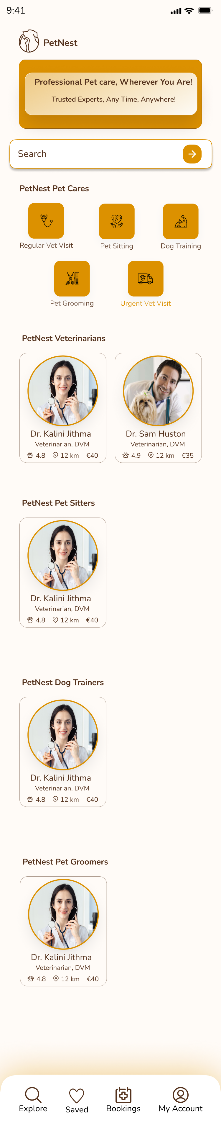 PetNest app homepage version 2 with brand header, value proposition, search, service categories, grouped expert cards, and bottom navigation
