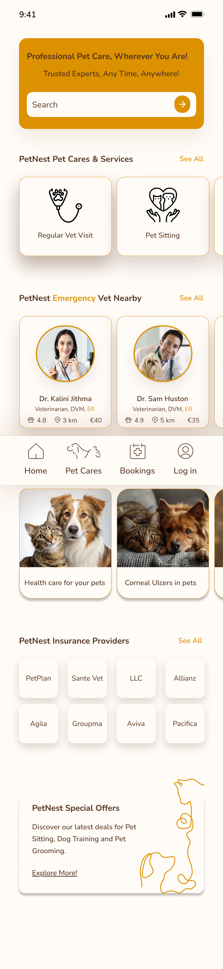 PetNest final app homepage with hero search, pet care services, nearby emergency vets, learn and care content, insurance providers, offers, and bottom navigation