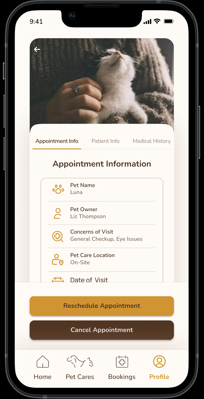 PetNest final appointment detail screen with reschedule and cancel appointment actions