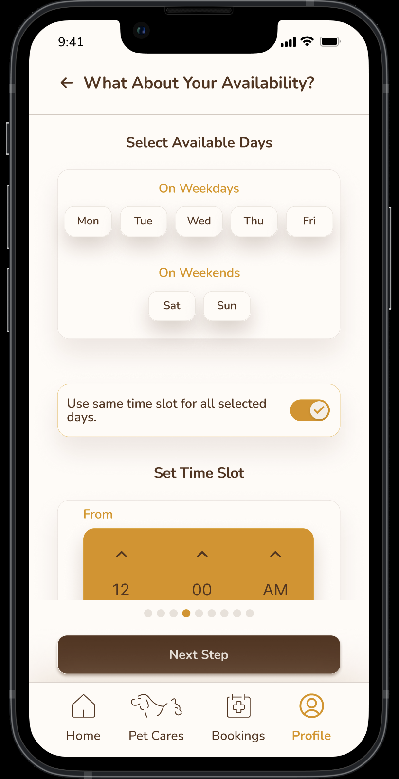 PetNest final availability setup screen with selectable days, time slot controls, and next step button
