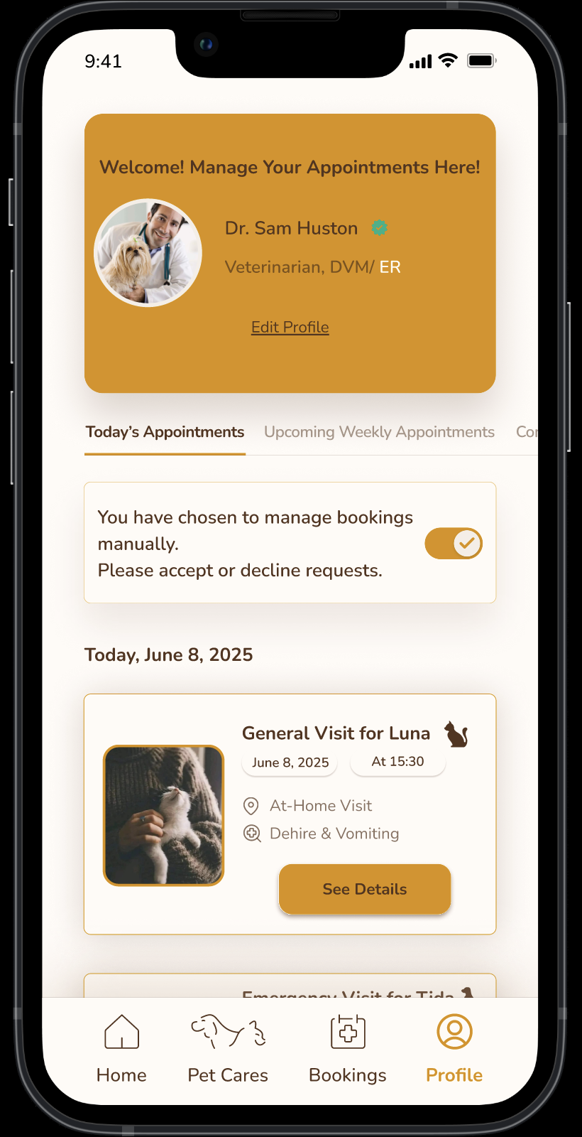 PetNest final provider booking dashboard with today's appointments and manual request management