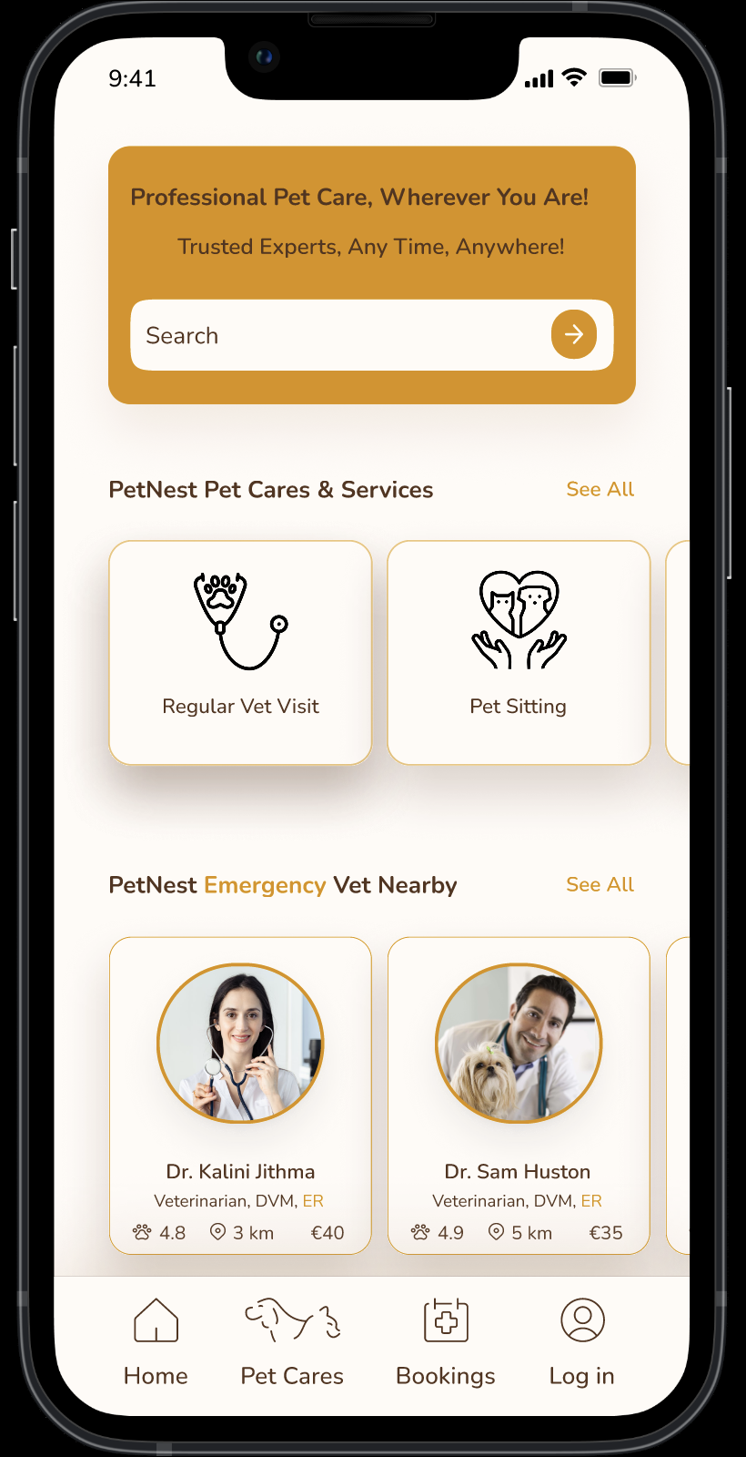 PetNest final mobile app home screen with search, pet care services, nearby emergency vets, and bottom navigation