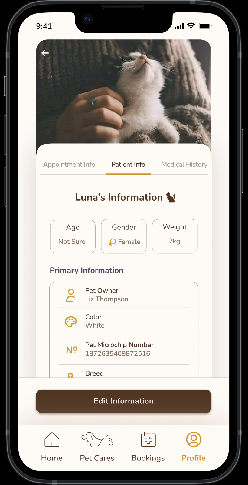 PetNest final patient information screen with pet details and edit information action