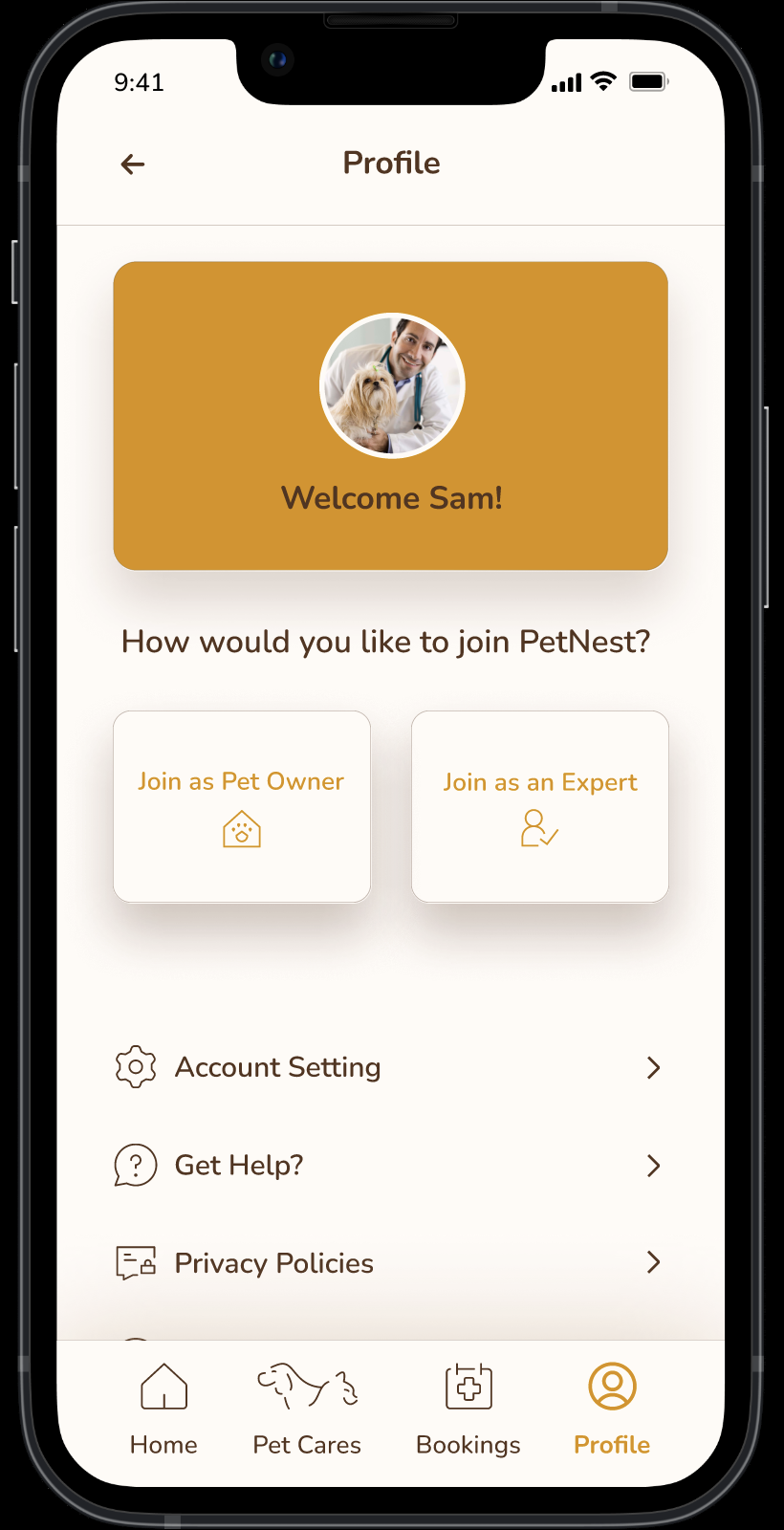 PetNest final profile screen with join as pet owner or join as an expert options