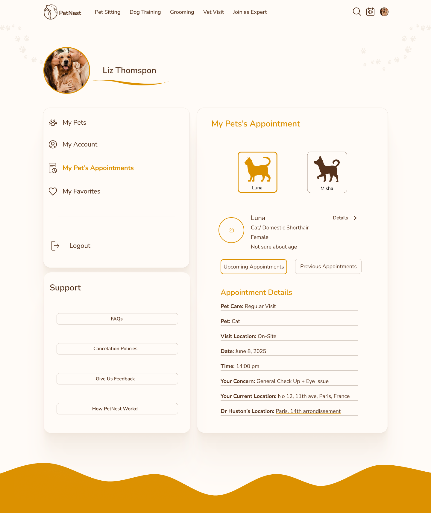 PetNest final my pet appointment page with account navigation, pet selector, and appointment details