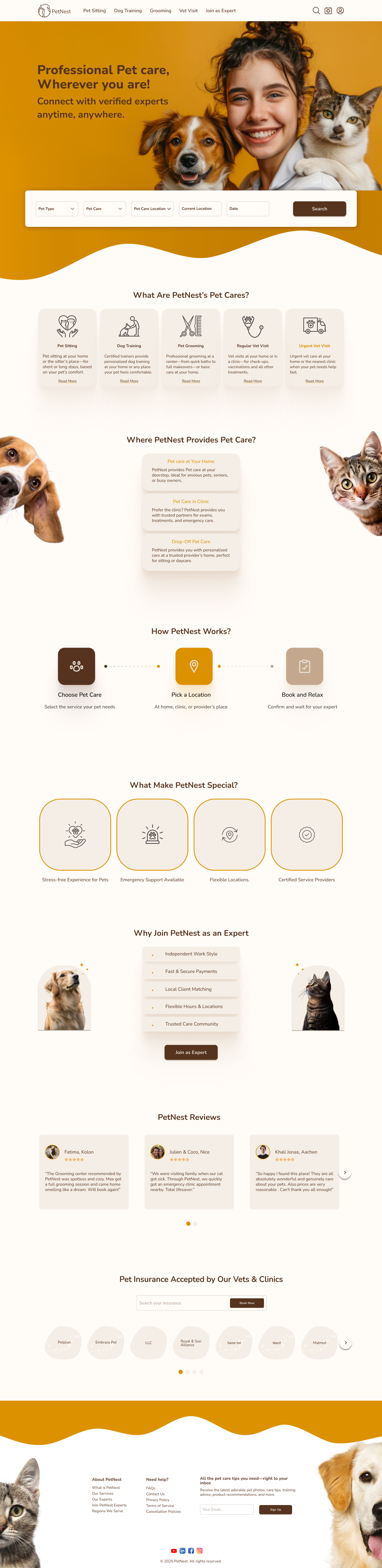 PetNest final homepage with hero search, service cards, care locations, how it works, benefits, reviews, insurance, and footer