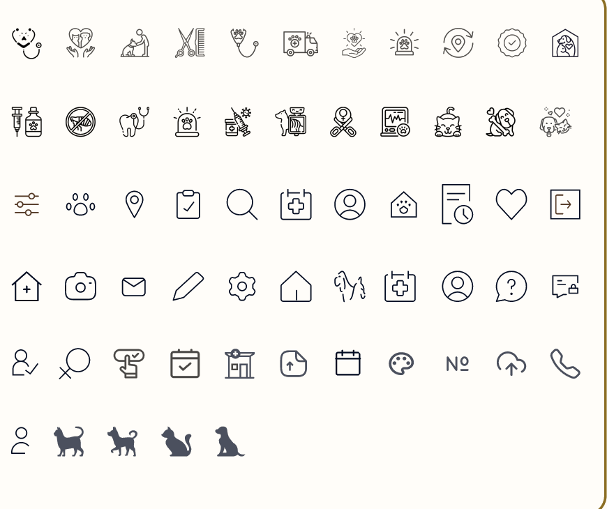 PetNest icon set with veterinary, grooming, booking, profile, home, messaging, pet, and care service icons