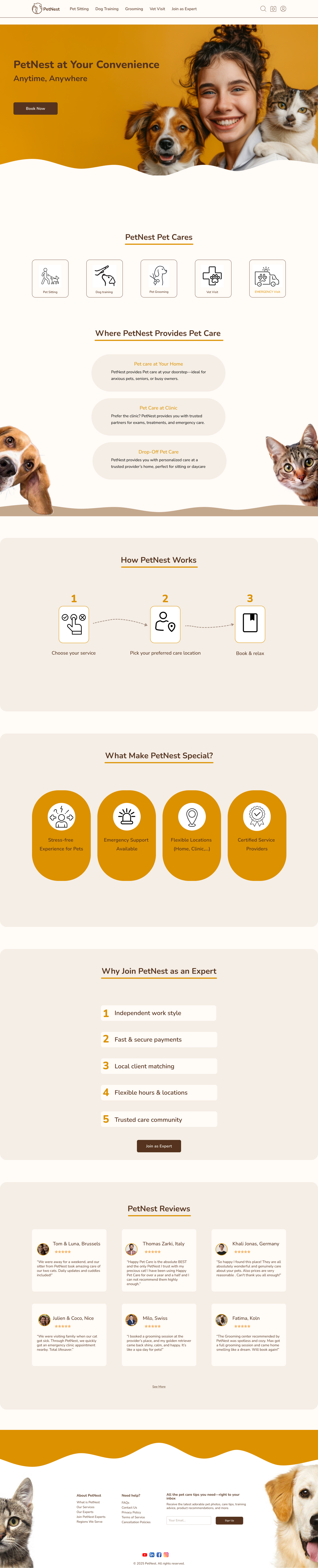 PetNest web homepage version 1 with hero CTA, service icons, care locations, process, benefits, expert CTA, reviews, and footer