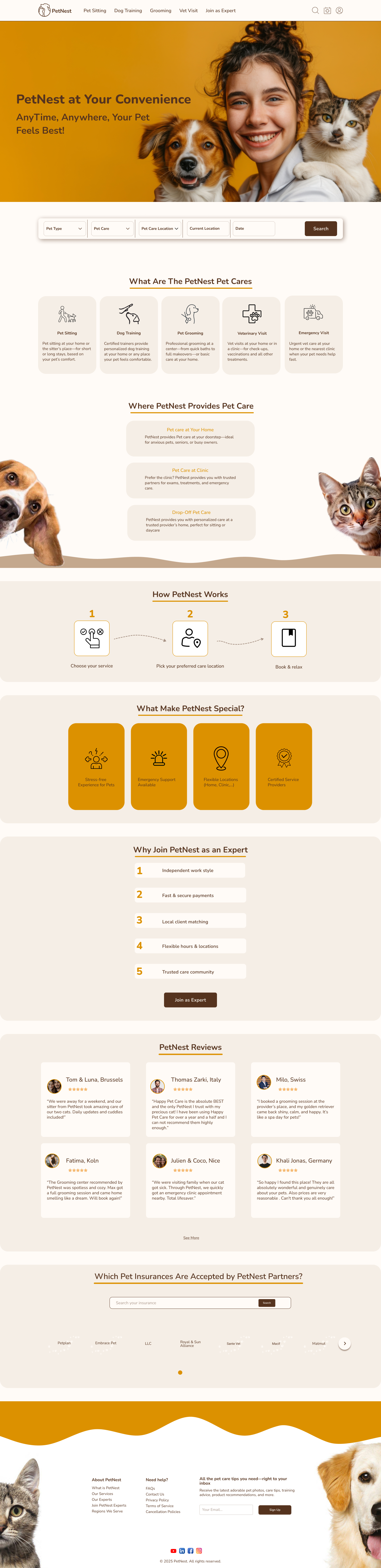 PetNest web homepage version 2 with added search bar, expanded service cards, insurance section, and footer