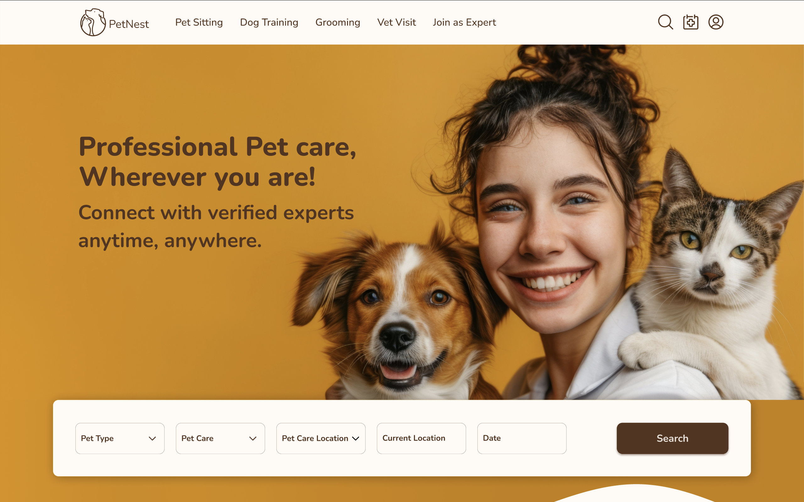PetNest web homepage featuring expert pet care services and search