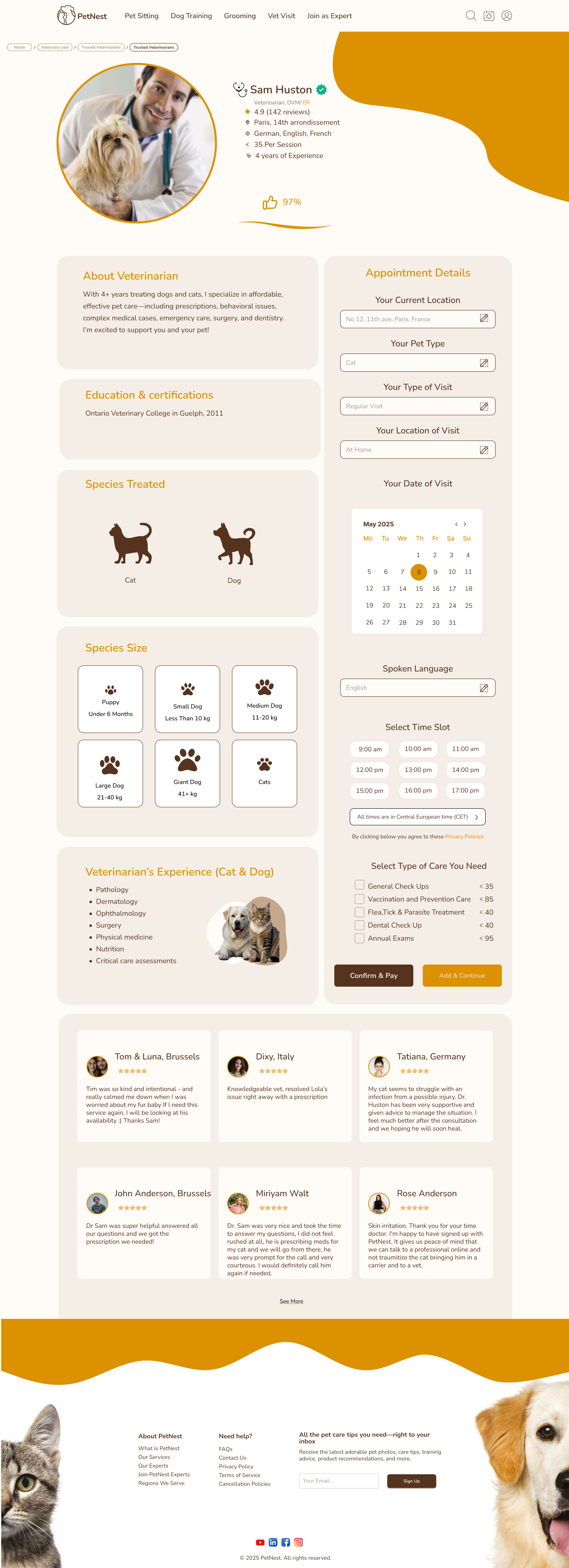 PetNest vet information version 1 with veterinarian profile, detailed appointment form, species cards, services, reviews, and footer