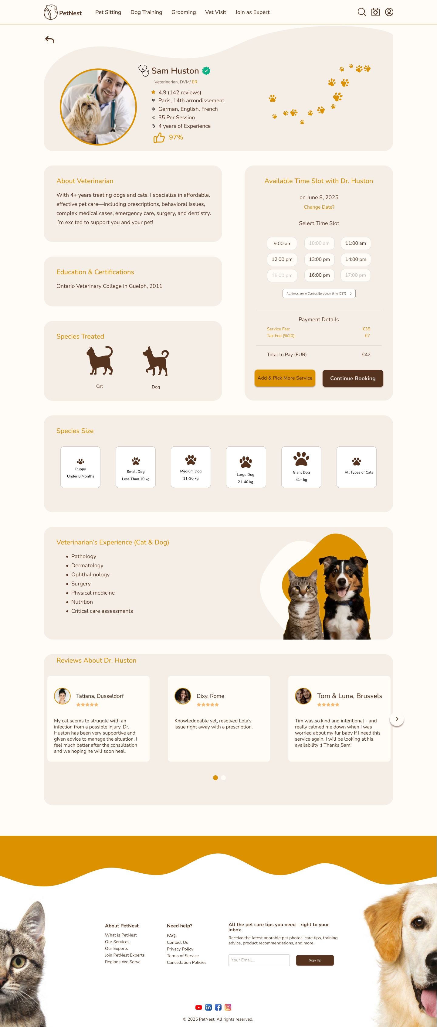 PetNest vet information version 2 with simplified profile hero, available time slot card, payment details, species size row, experience, and reviews