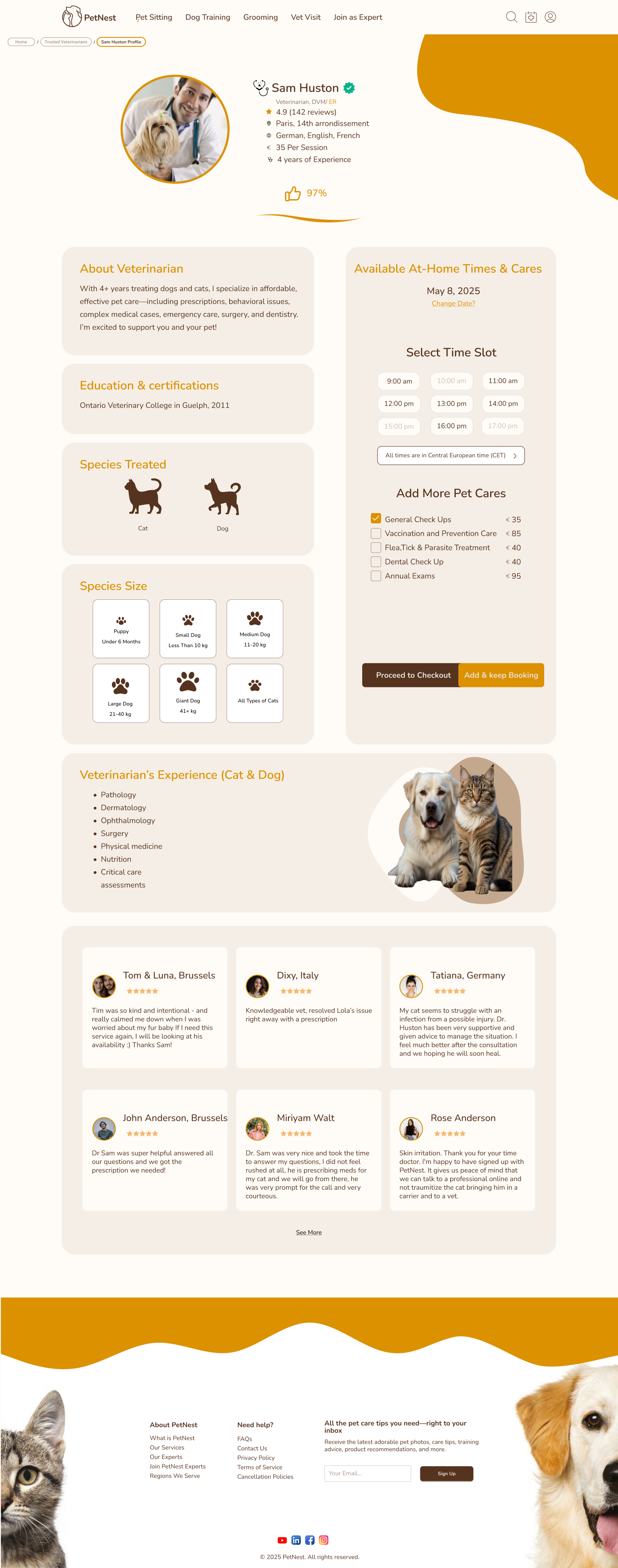 PetNest final vet profile and booking page with clear profile information, available at-home times, add more pet cares, species details, experience, and reviews